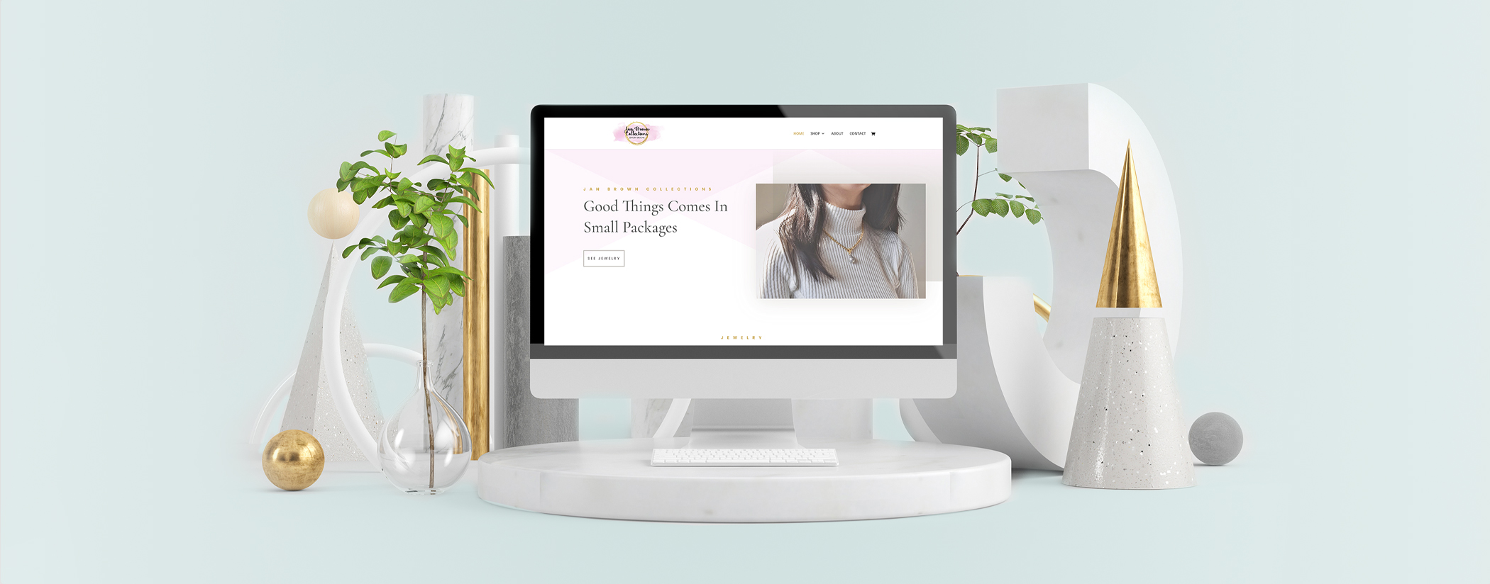 Desktop computer showing beautiful ecommerce website design for Jewelry company
